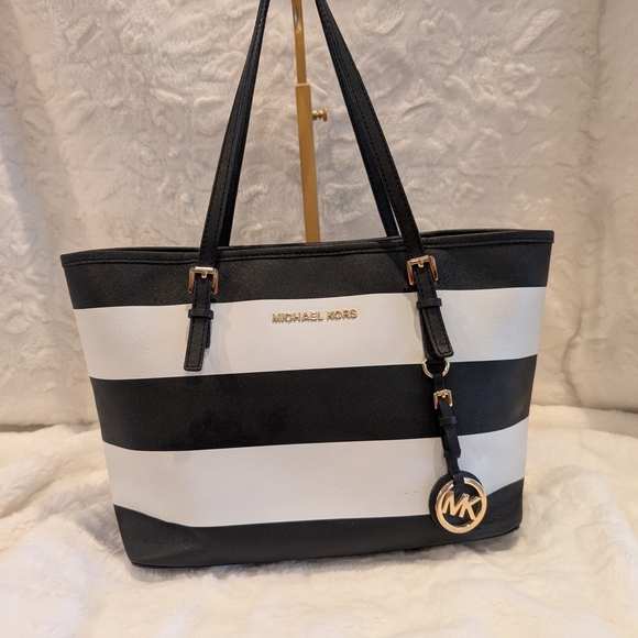 Michael Kors Handbags - Michael Kors Black and White Striped Leather Tote Bag Gold Hardware
